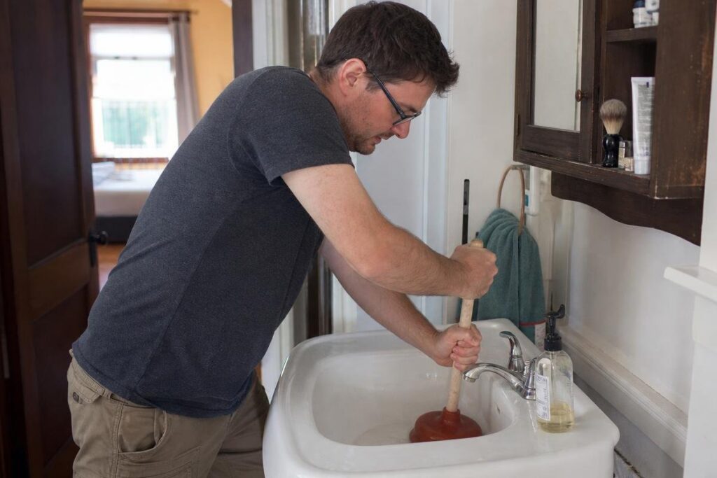 Man using a plunger to unclog a white bathroom sink, possibly addressing issues related to low water pressure in house, with a towel, soap dispenser, and shaving items visible nearby.