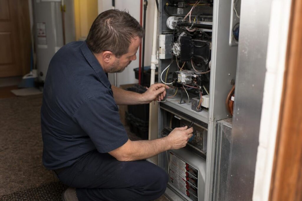 A man in a navy shirt kneels while repairing or inspecting the wiring inside an open furnace unit in a home, potentially addressing issues that could contribute to problems like low water pressure in the house.