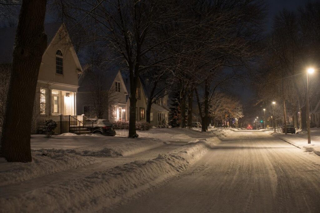 Snow-Covered Residential Street At Night With Houses On The Left, Trees Without Leaves, Lit Streetlights, And Clear Sidewalks—A Quiet Evening Scene Where A Resident Might Notice Low Water Pressure In The House After Shoveling Outside.