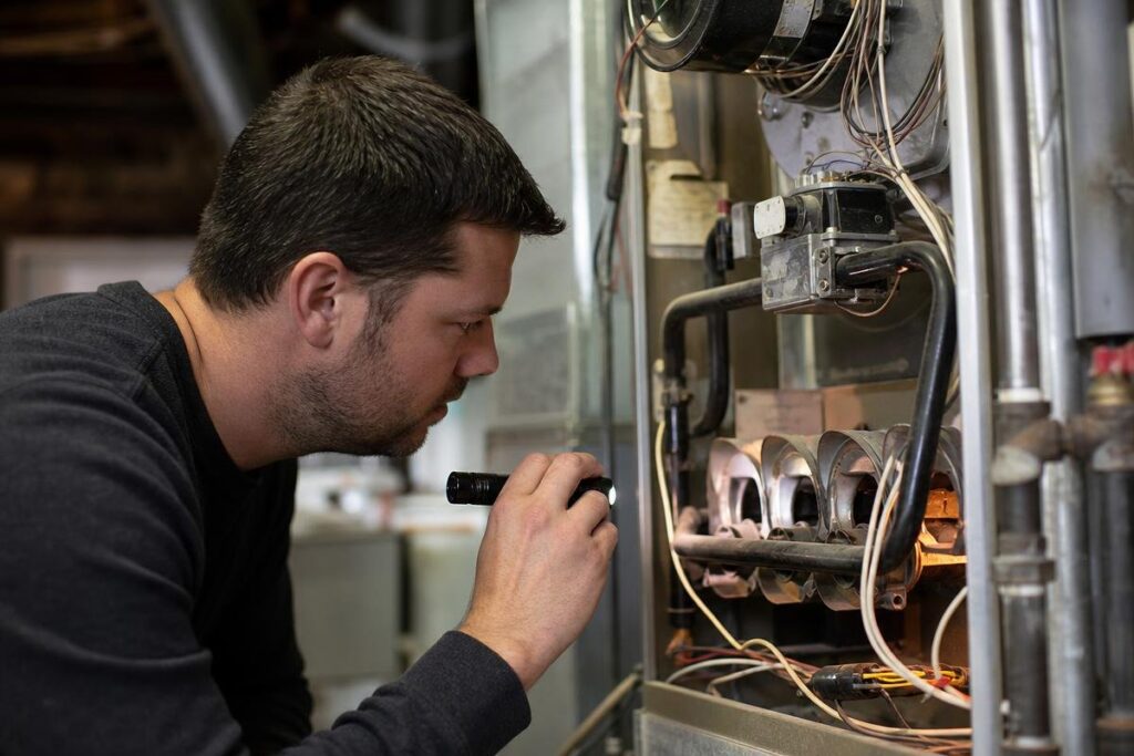 A Man Uses A Flashlight To Inspect The Interior Components Of A Furnace, Checking Its Condition And Wiring In A Utility Room—Potentially Searching For Issues That Could Also Be Related To Low Water Pressure In The House.