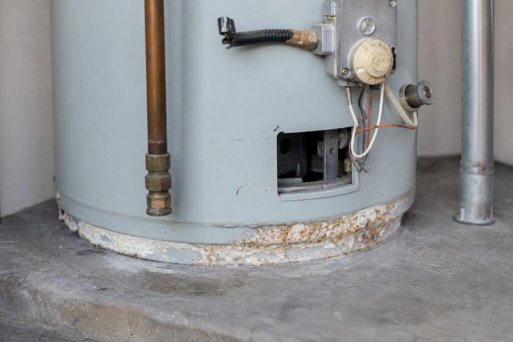 A Water Heater With A Corroded And Rust-Stained Base Sits On A Concrete Floor, Showing Plumbing And Electrical Connections—An Issue That Can Sometimes Contribute To Low Water Pressure In House Systems.