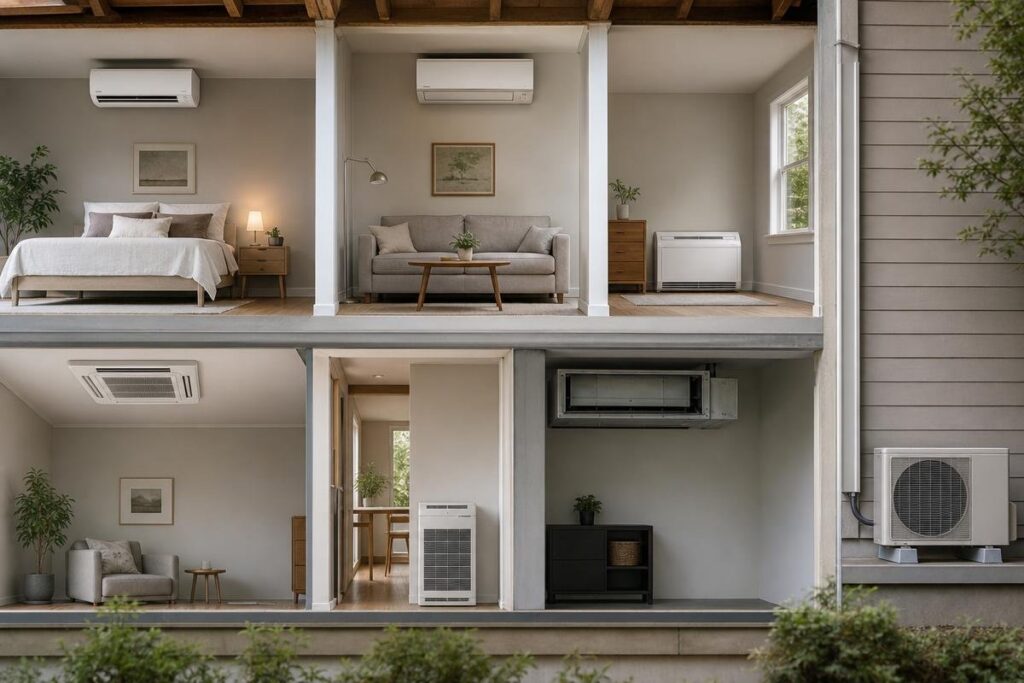 A Cross-Section Of A House Shows Four Rooms, Each With Different Air Conditioning Units, Neutral Decor, And Modern Furnishings; A Heat Pump Is Outside. The Design Also Thoughtfully Addresses Issues Like Low Water Pressure In The House To Ensure Everyday Comfort.