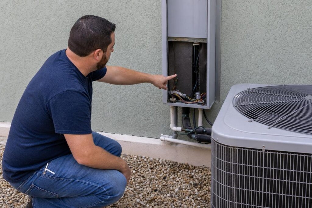 Man Inspecting Electrical Wiring In A Junction Box Next To An Outdoor Air Conditioning Unit Against A Light Green Wall, While Also Troubleshooting Potential Causes Of Low Water Pressure In The House.