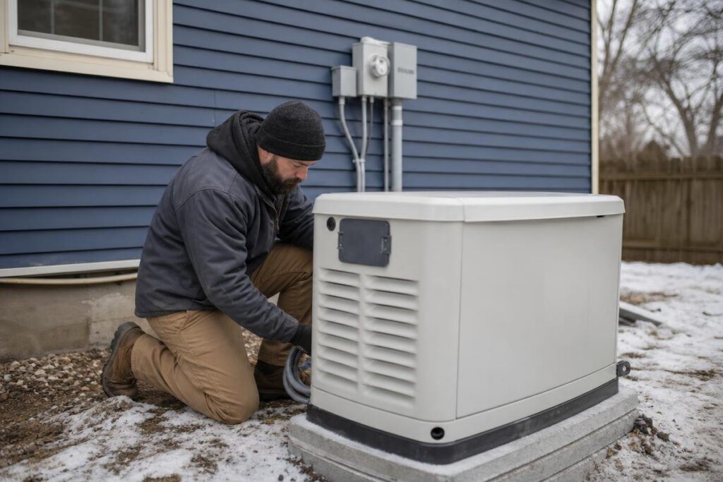 A person in winter clothing kneels beside a large standby generator installed next to a blue house on snowy ground, possibly checking for solutions to low water pressure in the house during the cold weather.