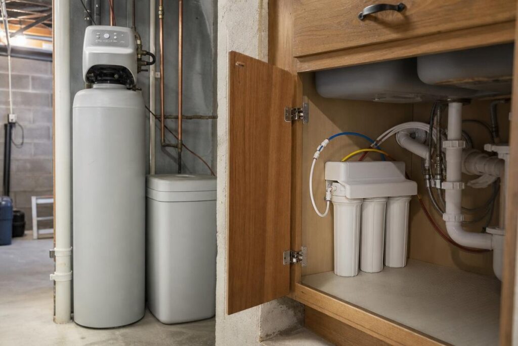 Water softener tanks are installed in a basement, next to an open cabinet under a sink showing a reverse osmosis water filtration system with connected pipes and filters—a helpful setup for households experiencing low water pressure in the house.