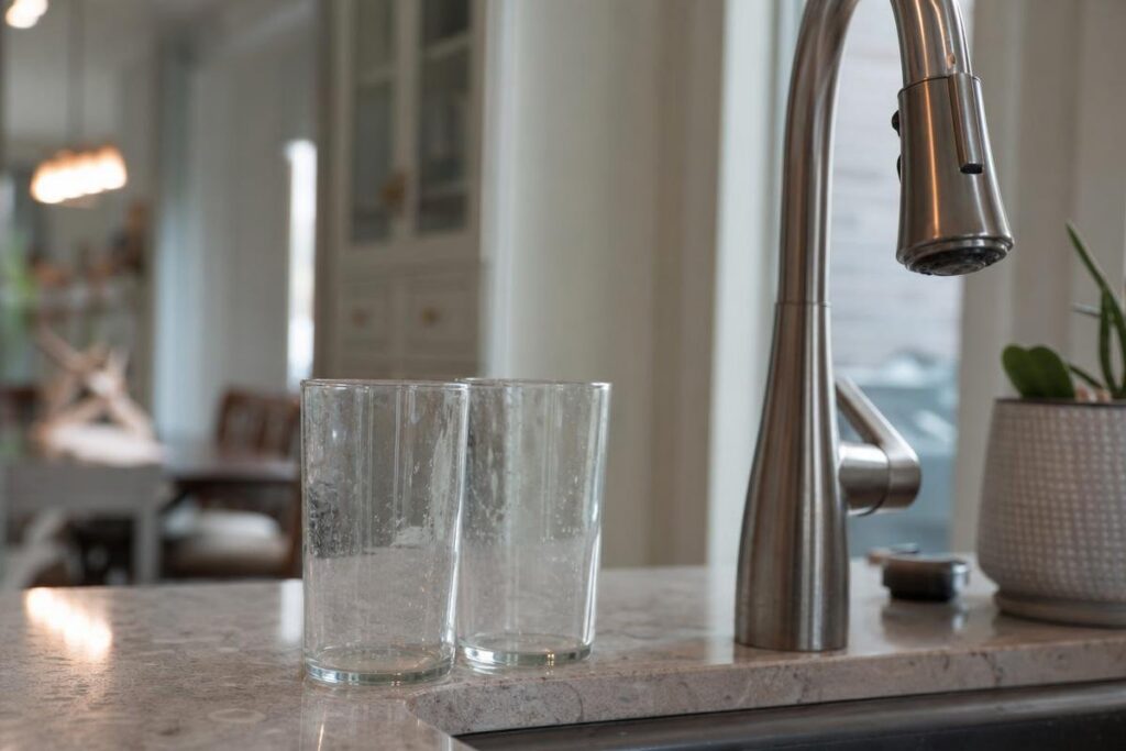 Two Clear Drinking Glasses With Hard Water Stains Are Placed Next To A Stainless Steel Kitchen Faucet On A Marble Countertop, Possibly Hinting At Low Water Pressure In The House.